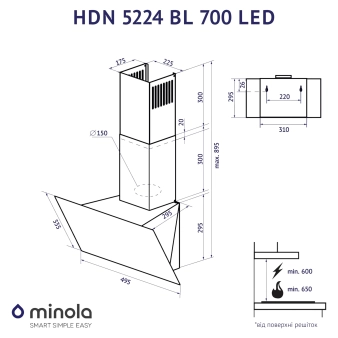 Витяжка Minola HDN 5224 BL чорна 700 Led скло похила 50 см