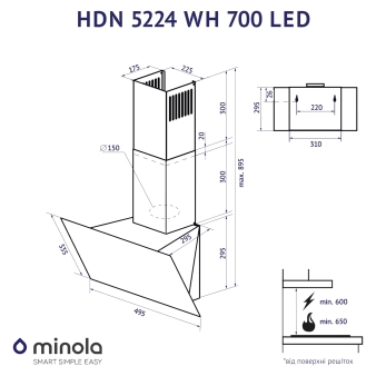 Витяжка Minola HDN 5224 WH біла 700 Led скло похила 50 см